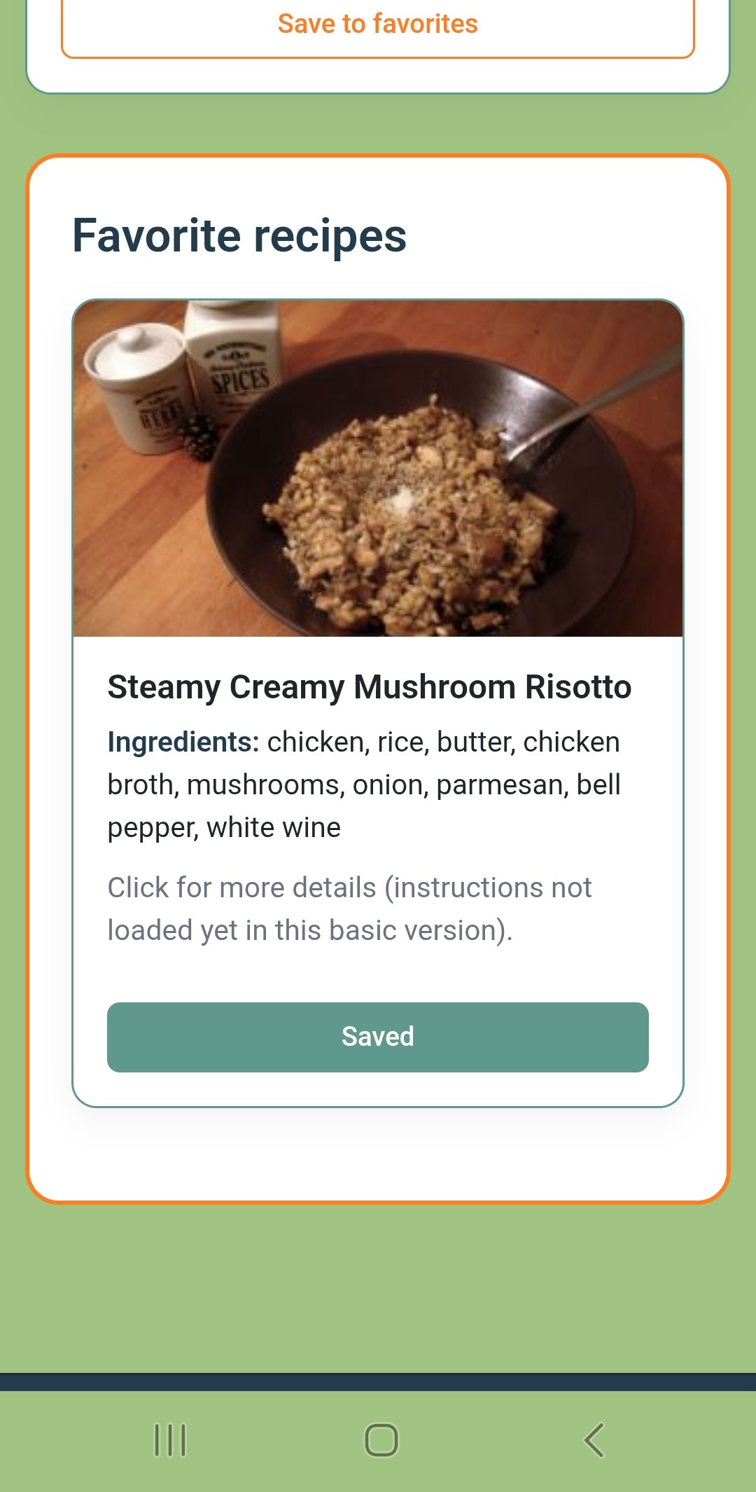 Favorites section with saved recipes