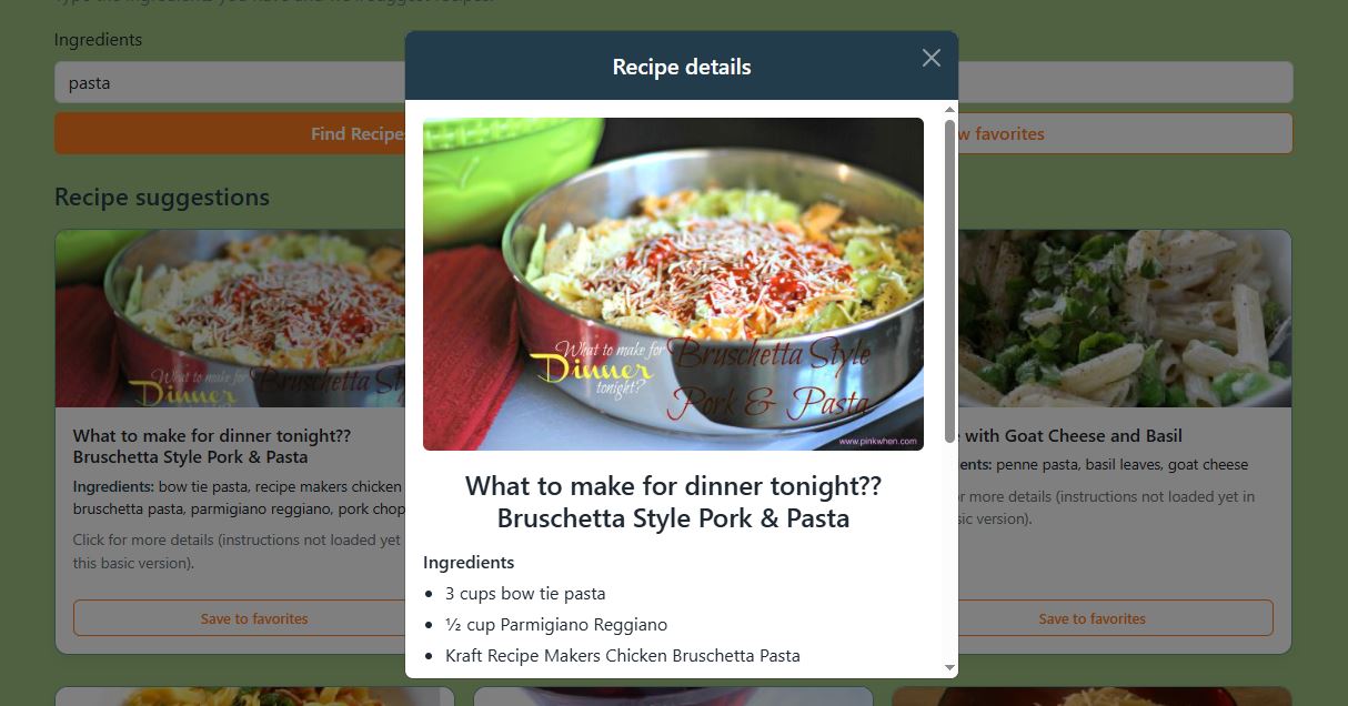 Recipe details modal