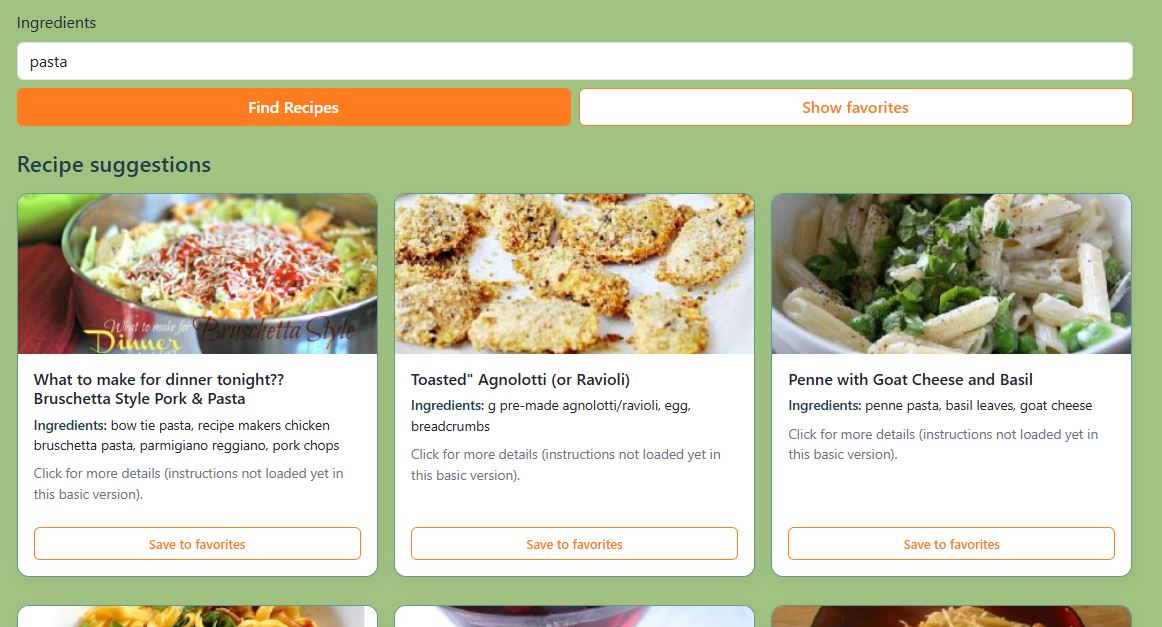 Favorites section with saved recipes